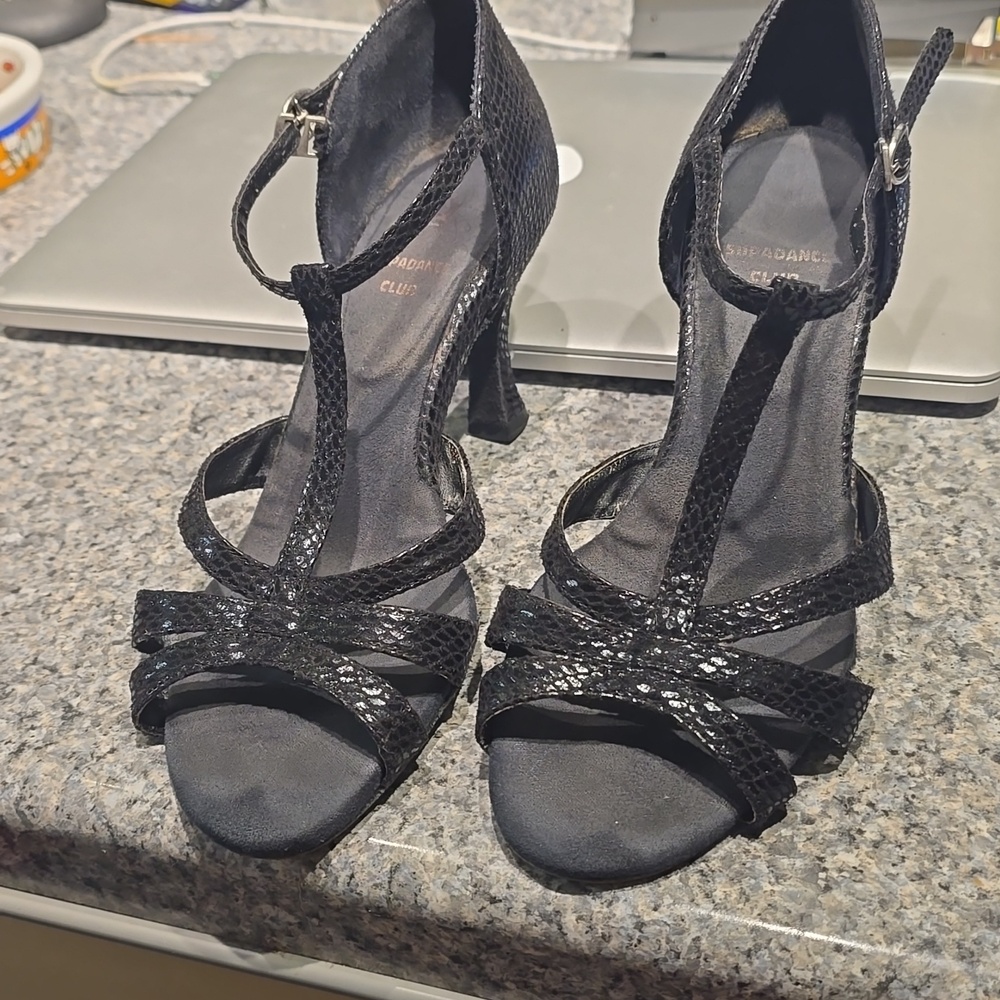 Supadance Latin shoes, Used, Black Snake pattern, Size 4 1/2 , US 7